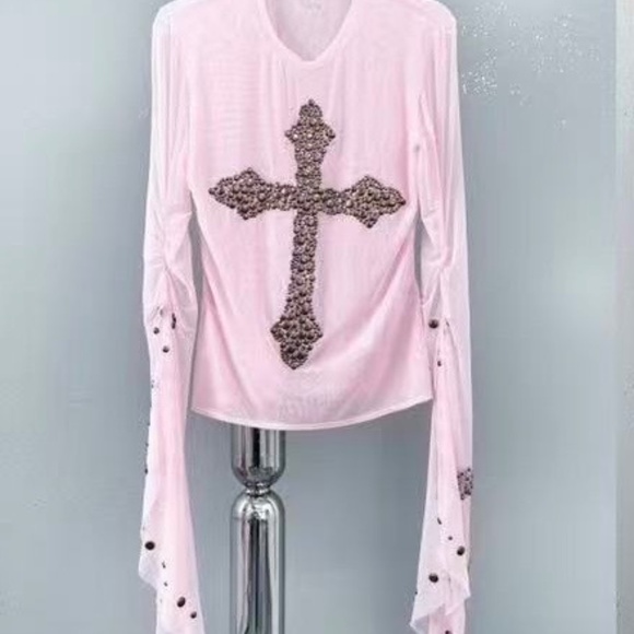 Y2K Cross Mesh Long Sleeve Top – Crystal Studded Sheer Shirt with Flared Sleeves - Picture 1 of 3